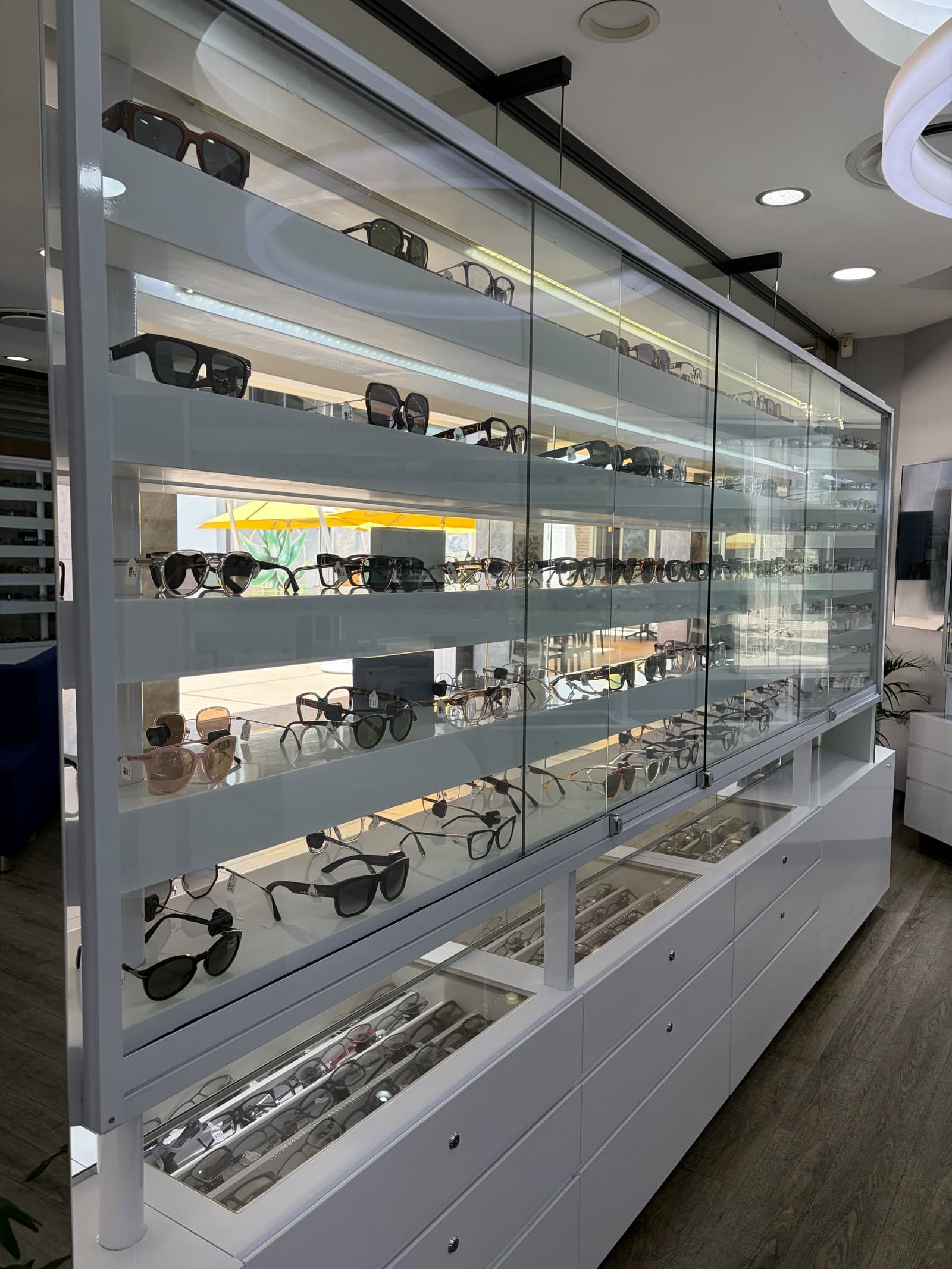 A glass wall of frames and sunglasses at Bryanston Optometrists